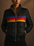 Women Retro Rainbow Stripe Hooded Puffer Jacket Winter Coat