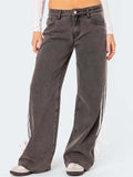Women's Retro Mid Waist Side Stripe Straight Denim Pants
