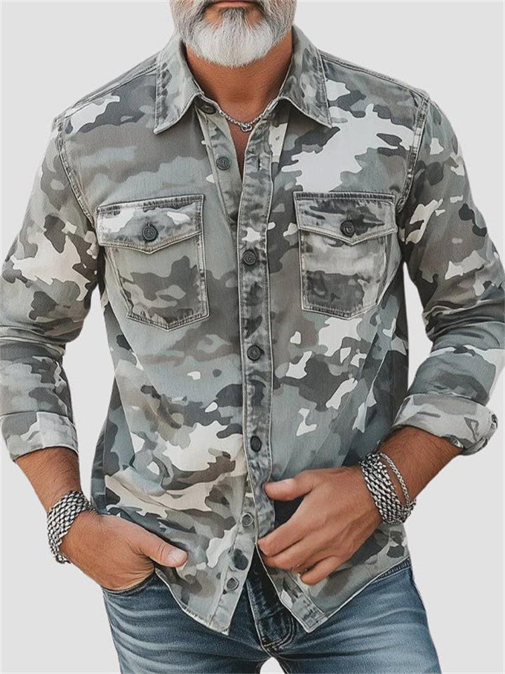 ‌Men's Camouflage Print Cargo Shirt with Pockets for Casual Wear‌