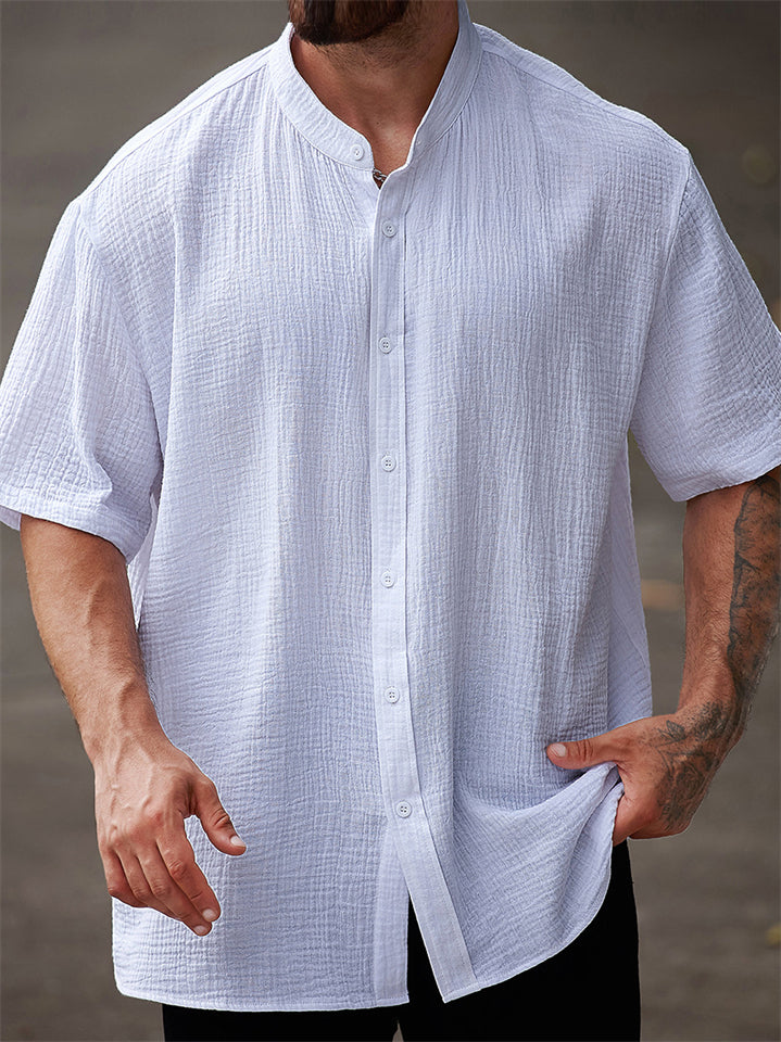 Men's Summer Texture Solid Color Button Up Short Sleeve Shirts