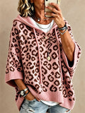 Women Leopard Print Oversized Pullover Hooded Poncho Knit Sweater