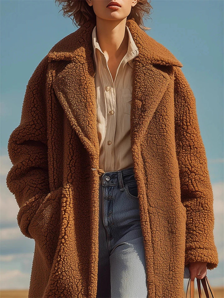 W‌inter Warm Brown Faux Shearling Suit Colllar Long Cardigan Coat for Women‌