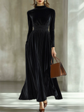 Women's Elegant Semi-high Neck Slim-fit Pleated Velvet Long Dress