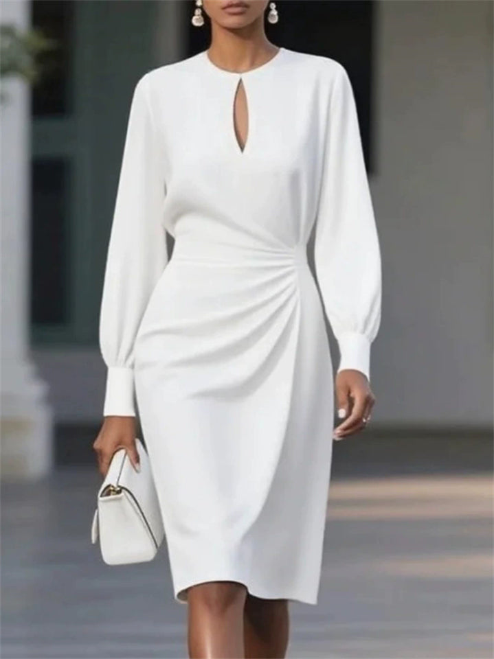 Ladies' Elegant Solid Color Pleated Waist Round Neck Long Sleeve Dress