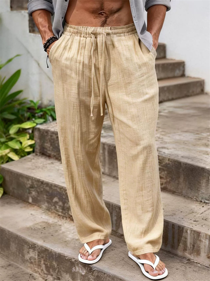 Mens Summer Casual Elastic Waist Drawstring Cotton Linen Beach Pants