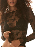 Women's Sheer Lace Mesh Long Sleeve Sabrina Neck Shirts