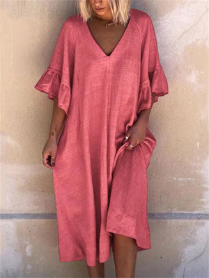 Women's Sexy V Neck Flare Sleeve Loose Trendy Dress for Holiday