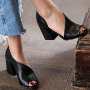 Elegant Side Hollow Out Chunky Heel Office Ladies Sandals