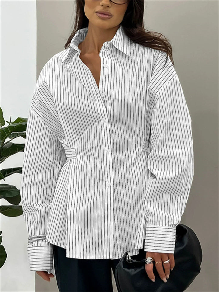 Women's Striped Cinched Waist Design Long Sleeve Blouses