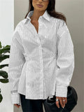 Women's Striped Cinched Waist Design Long Sleeve Blouses