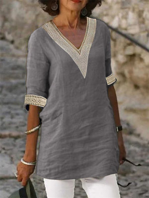 Women's Deep V-neck Half Sleeve Cotton Linen Shirts