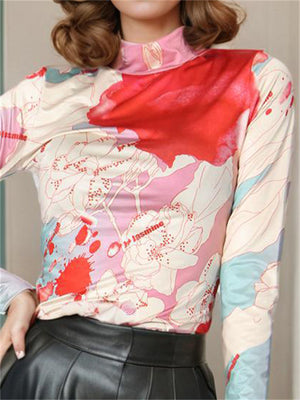 High Neck Painted Style Print Long Sleeve Shirt for Women