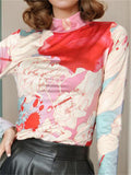 High Neck Painted Style Print Long Sleeve Shirt for Women