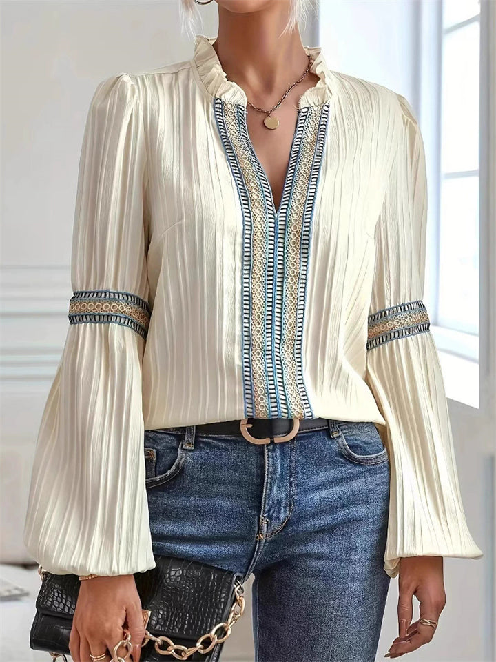 Elegant Puff Sleeve V Neck Crochet Patchwork Blouse for Women