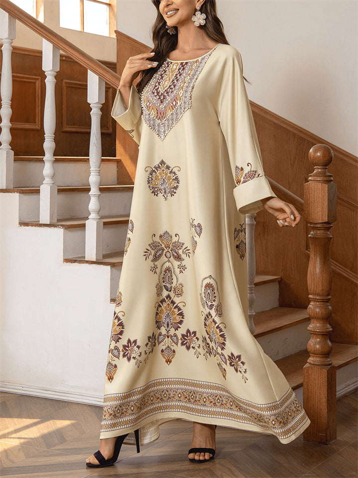 Women's Retro Printed Beads Round Neck Muslim Robe Dress