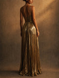 Women Metallic Pleated Backless High Slit Evening Gown