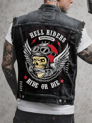 Rock Biker Men's Denim Vest with Hell Rider Print