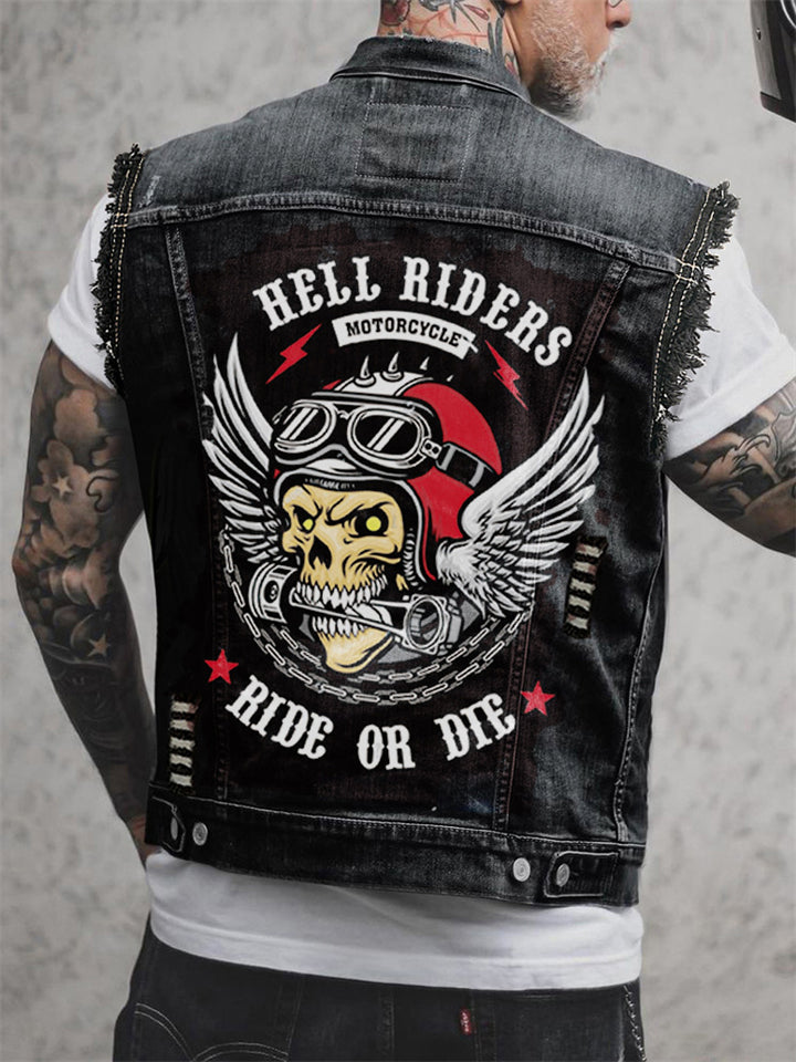Men's Rock Biker Denim Vest with Hell Rider Print