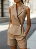 Women's Solid Color Chic Lapel Collar Jumpsuits with Asymmetric Wrap Front