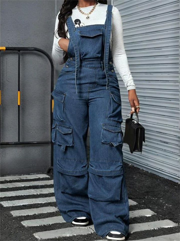 Women's Casual Loose Fit Adjustable Strap Denim Overalls Jumpsuits with Pockets