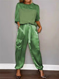 Women's 2Pcs Solid Color Short Sleeve Satin Round Neck Shirt & Pants Set