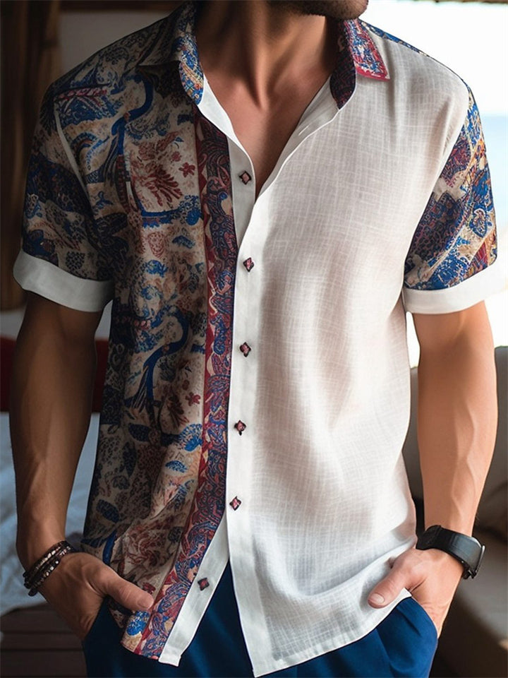Men's Summer Blue Print Contrast Color Holiday Style Short Sleeve Shirt
