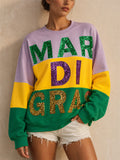 Women Mardi Gras Sweatshirt Sequin Fleur De Lis Letters Color Block Top