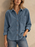 Women Corduroy Button Down Shirt Long Sleeve Pocket Casual Blouse
