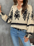 Ladies' Autumn Vintage Ethnic Style Printed Stand Collar Button Up Blouses