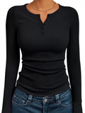 Women's Solid Color Striped Buttons Pullover Slim-fit Long Sleeve Shirts