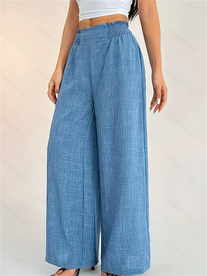 Women's Elegant Blue Solid Color High Rise Elastic Waist Wide Leg Pants