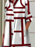 Women's Geometric Strip Printed Button Up Long Sleeve Knee Length Shirt Dress