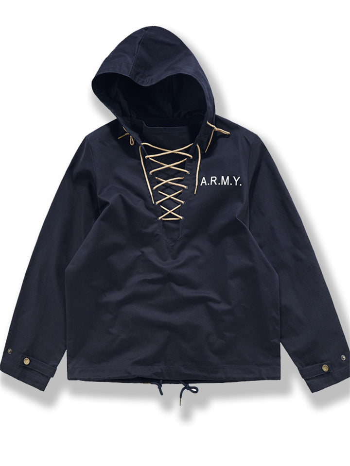 Men's Loose Cotton Solid Color Tie Neck Hoodies