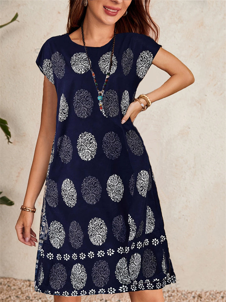Women's Summer Blue Print Short Sleeve Knee Length Dress