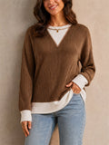 Women Loose Ribbed Color Block Pullover Casual Sweatshirts