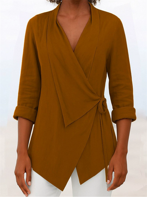 Women's Solid Color V Neck Tie Waist Long Sleeve Blouses