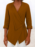 Women's Solid Color V Neck Tie Waist Long Sleeve Blouses