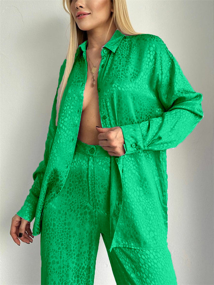 Comfy Long Sleeve Cheetah Print Lapel Shirt and Wide Leg Pant Set