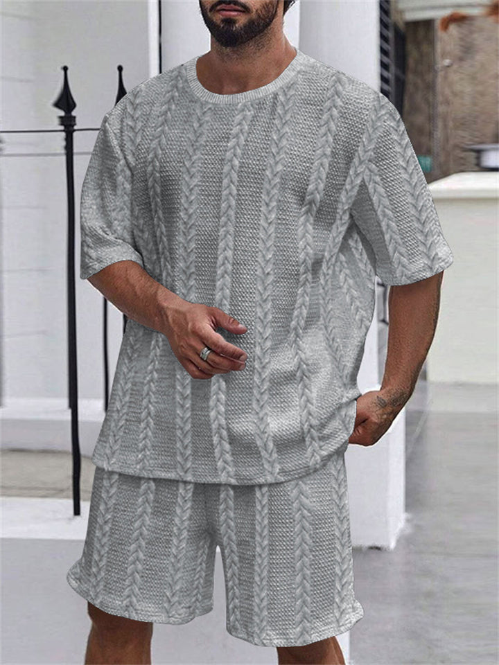 Men's Solid Color Jacquard Round Neck Top and Pants Set