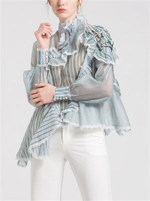 Women's Sexy See-Through Striped Patchwork Blouse