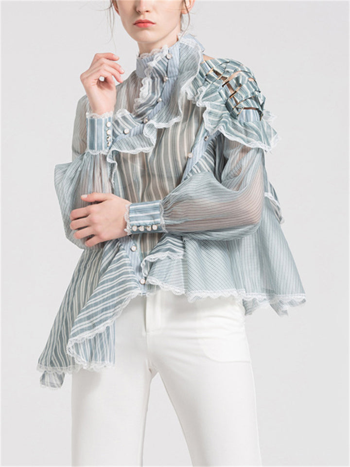 Women's Sexy See-Through Striped Patchwork Blouse