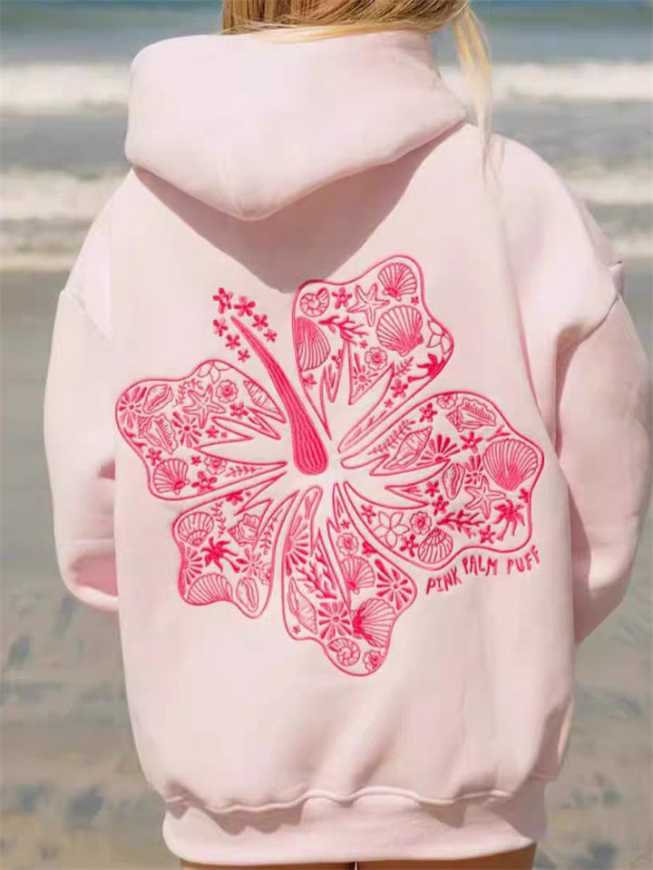 Women's Solid Color Floral Embroidery Long Sleeve Hoodie