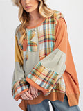 Women's Retro Waffle Patchwork Contrast Color Round Neck Sweatshirt