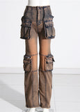 Fashion Mid Rise Pockets Patchwork Cargo Denim Pants for Women