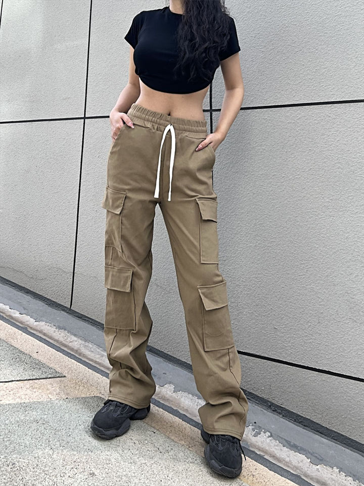 Stylish Female Solid Color Straight Leg Cargo Pants