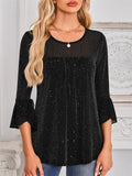 Women's Mesh Patchwork Bling 3/4 Flare Sleeve Shirt