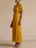 Women's Gold Pleated Backless Cutout Party Maxi Dress