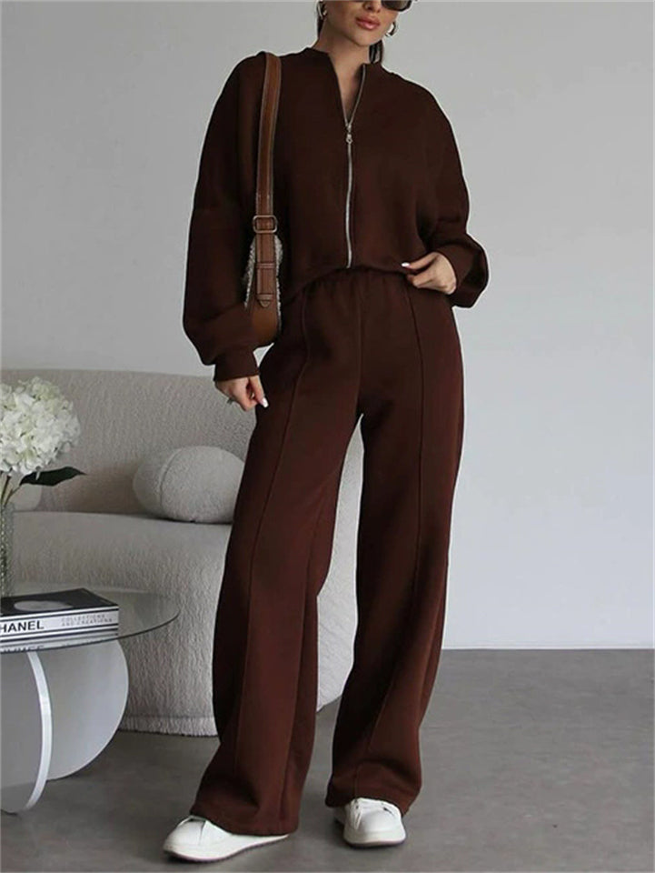 Women's Trendy Solid Color Cardigan Baseball Collar Sweatshirts & Sweatpants Outfit