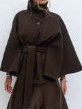 Ladies' Elegant Solid Color Stand Collar Tie-waist Cloak Trench Coats