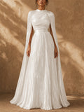 Women French Style Pleated Cape Sleeve Formal Evening Maxi Dress